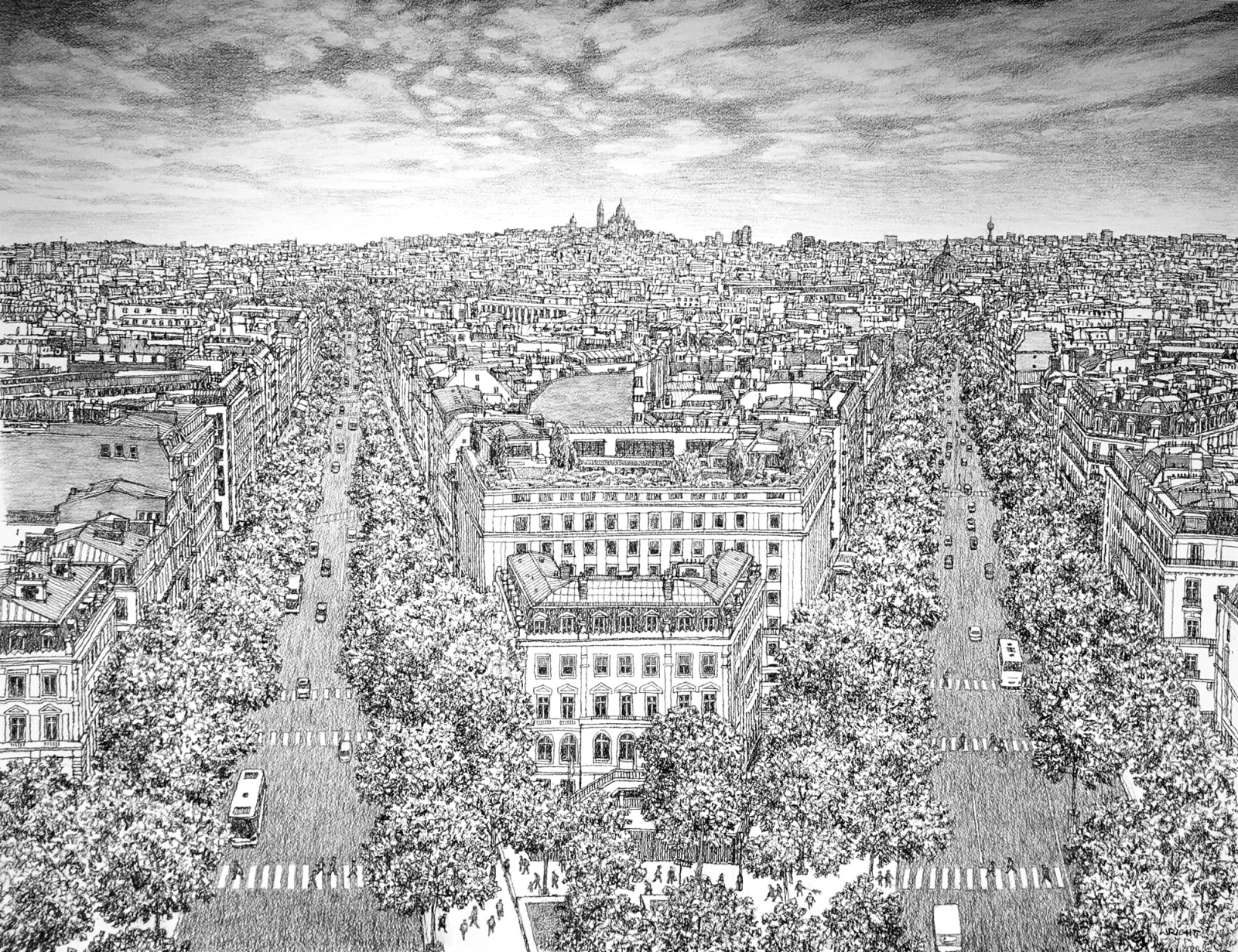 charcoal on paper by Roy Wright of the view of Paris from the Arc de Triomphe looking towards the Sacre-Coeur available at Rebecca Hossack Art Gallery