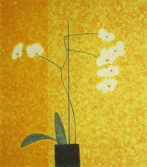 yellow screen print of white flowers by Abigail McLellan represented by Rebecca Hossack gallery
