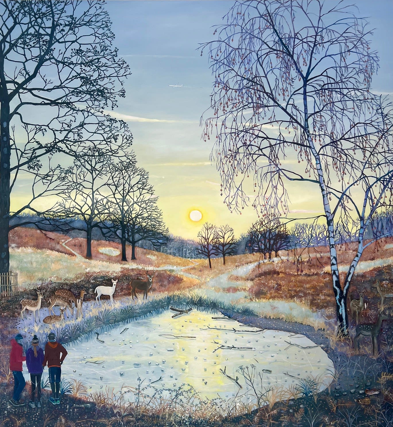 Oil on canvas painting of a lake with the sun illuminating it with deer and people by British painter Emma Haworth represented by Rebecca Hossack Art Gallery.