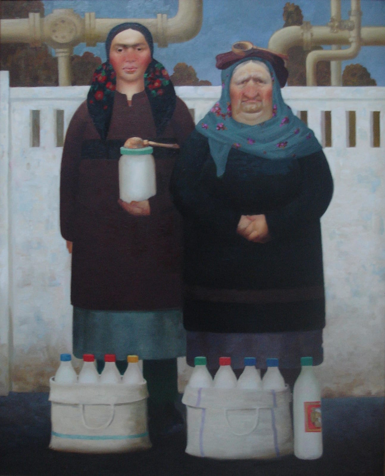 multi-colour oil painting of two women with cartons of milk by artist Bakhtiyor Umarov represented by Rebecca Hossack Galler