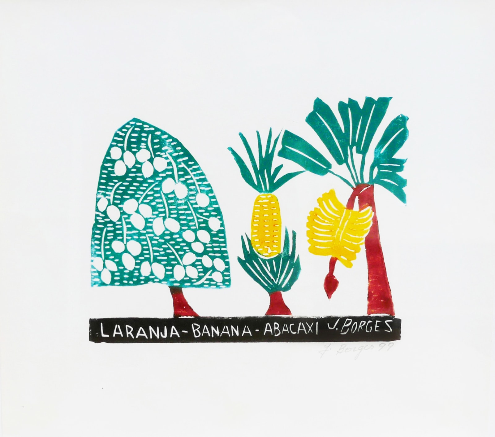 Orange, Banana and Pineapple Tree - Colourful Woodcut on Paper by José Borges. Represented by Rebecca Hossack Gallery.