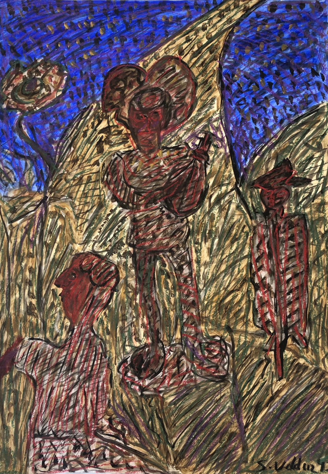 Uddin’s paintings – done in gouache on paper – shimmer with expressive colour. Their characteristic short, dynamic brushstrokes impart a compelling energy to each scene