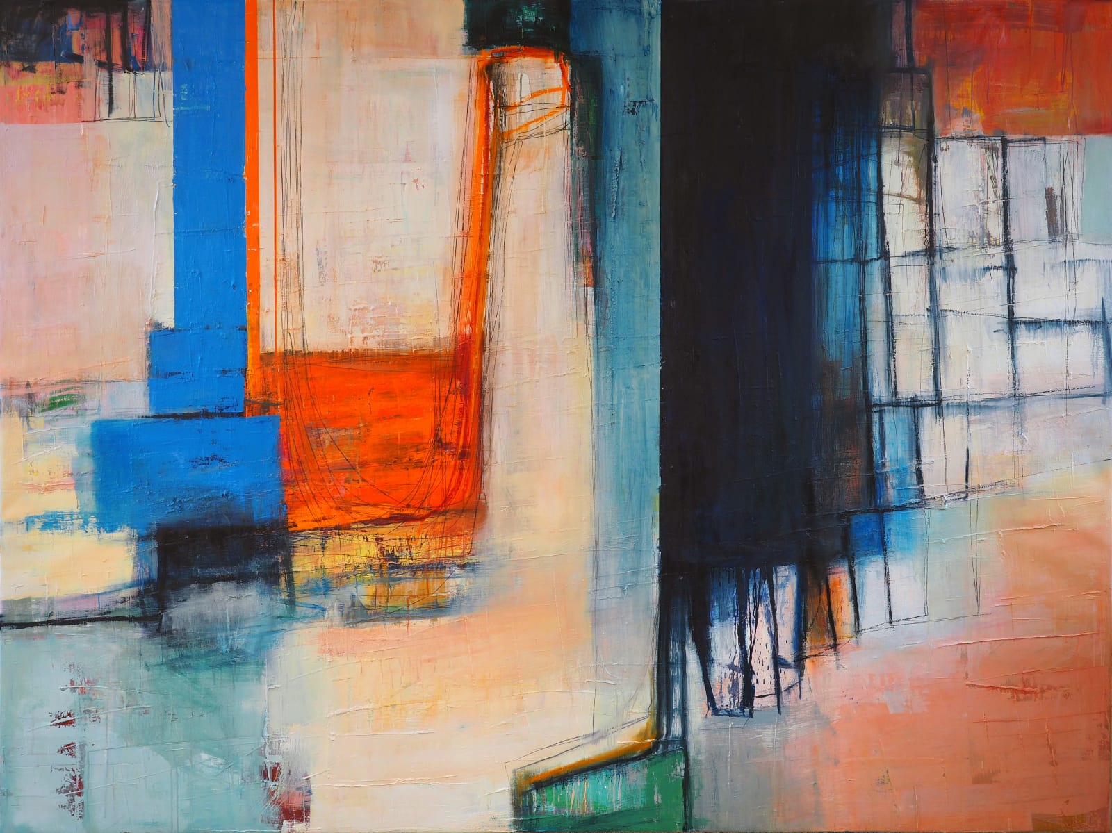 A multicolored abstract painting with complex colours and geometric shapes by artist Morten Lassen.