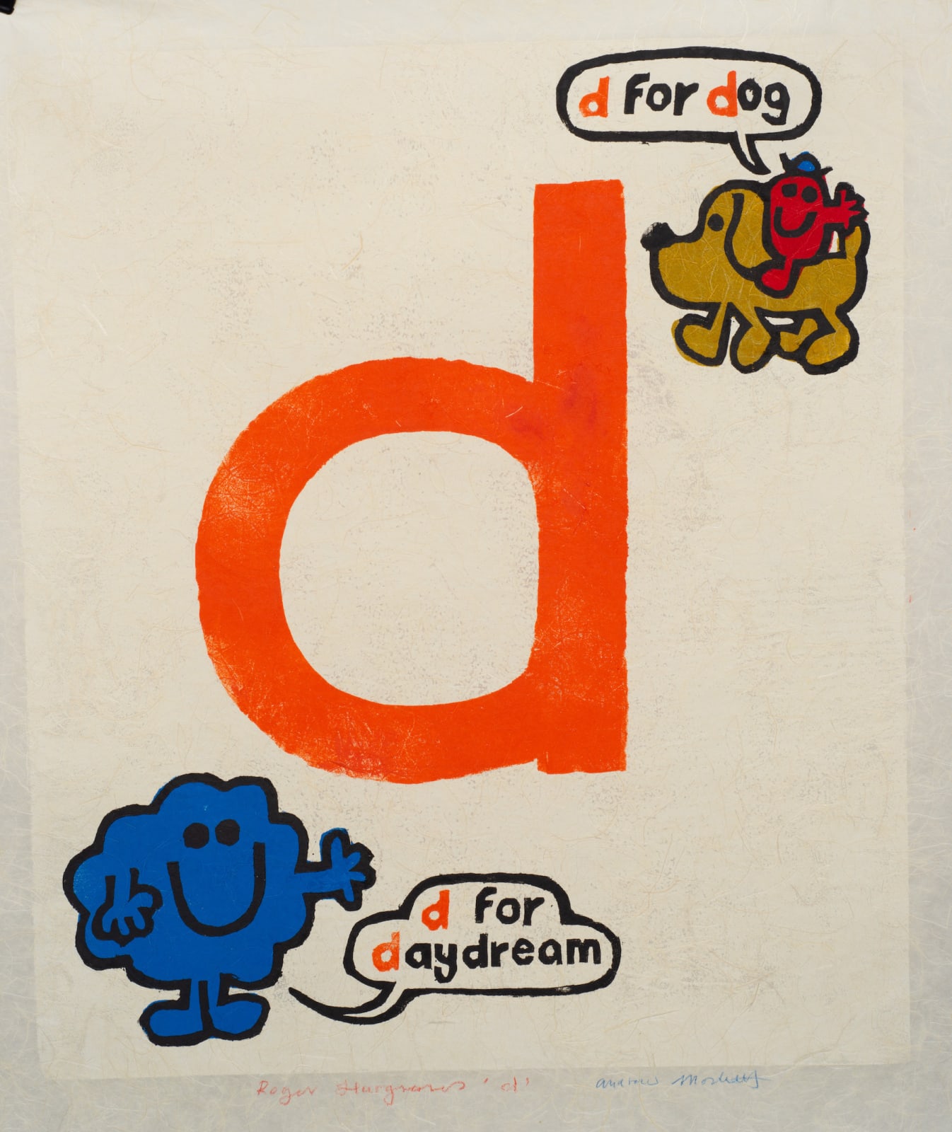 Orange pop art print of the letter D featuring a Mr. Men cartoon character by British artist Andrew Mockett represented by Rebecca Hossack Art Gallery.