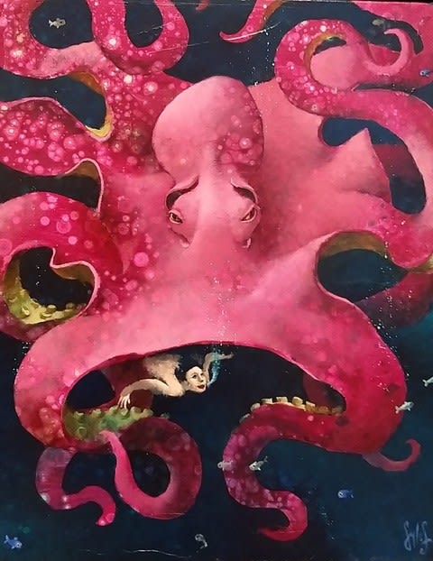 Sylvain Lefebvre, oil, acrylic and ink on hand-painted marbled paper on canvas, pink octopus.