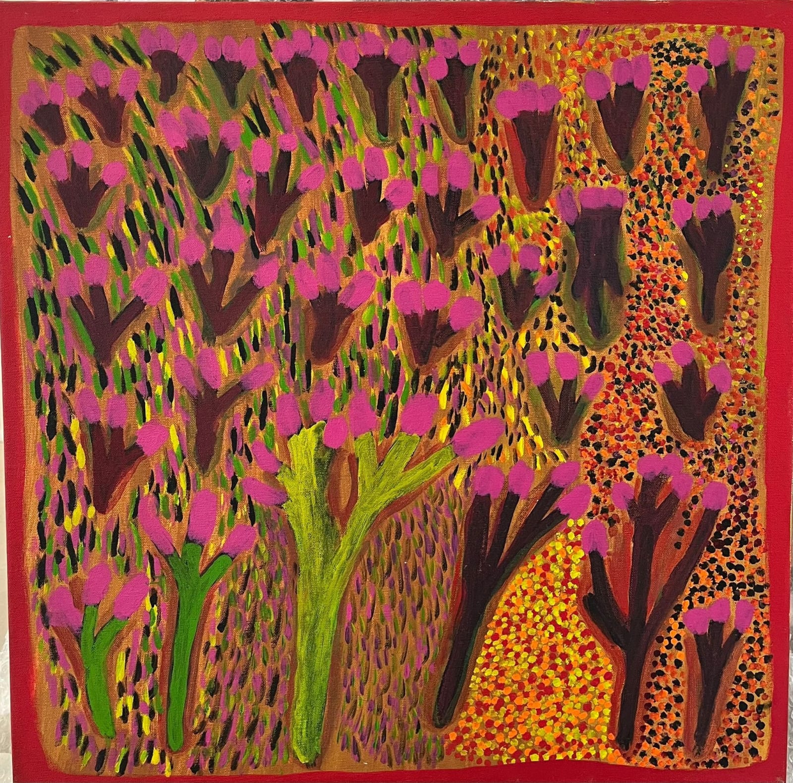 A painting of a field of flowers by Aboriginal-Australian artist Jukuna Mona Chuguna entitled Miljili available from The Rebecca Hossack Art Gallery