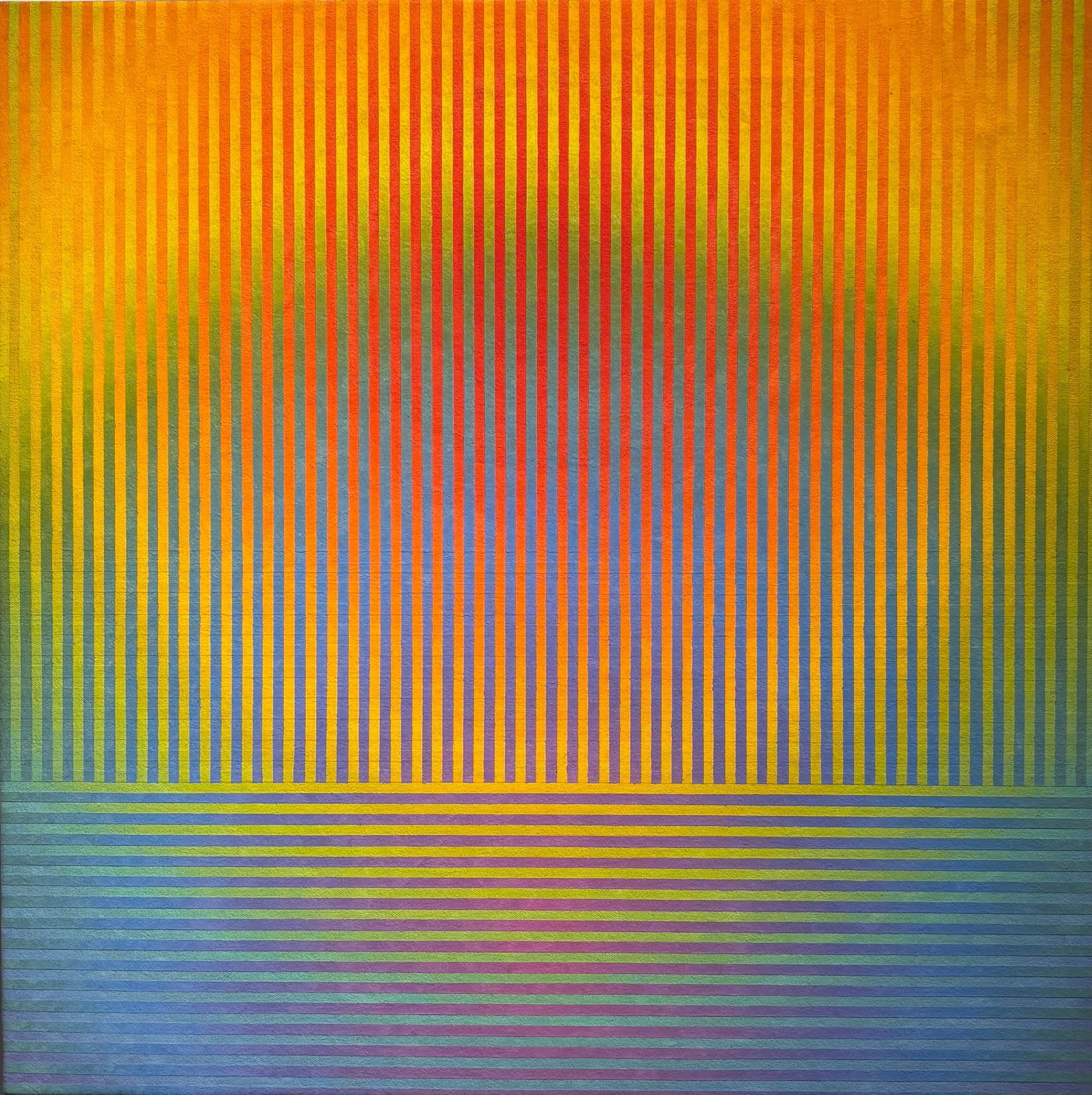 Multi-colour abstract oil painting by David Whitaker, represented by Rebecca Hossack Art Gallery, featuring a bright rainbow palette.