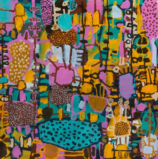 Artwork displays a vibrant and colourful pattern. By Naomi Hobson, multidisciplinary Aboriginal-Australian female artist.