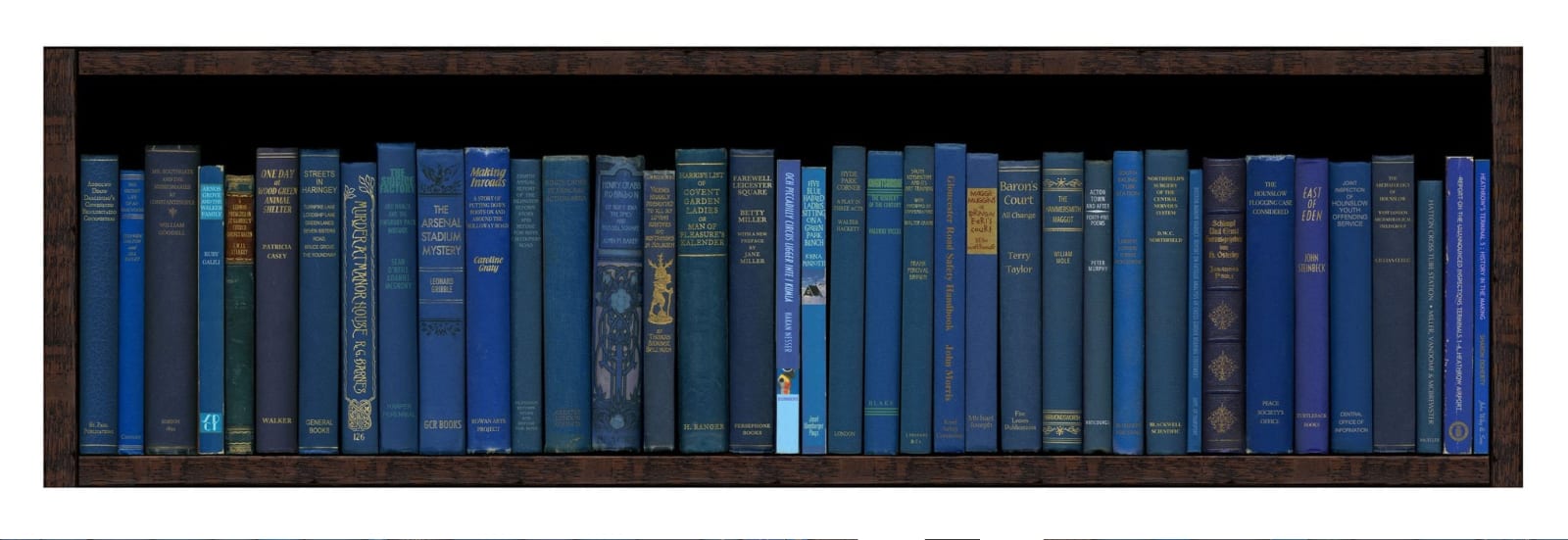Blue bookshelf print displaying the names of stations on the Piccadilly line of the London Underground by acclaimed British artist Phil Shaw represented by Rebecca Hossack Art Gallery.