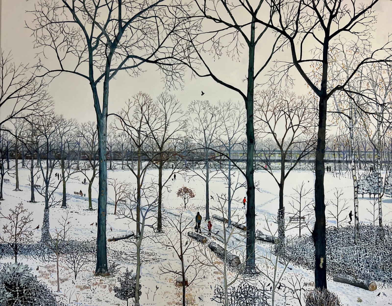 Painting of a snowy metropolitan park in a city with trees and people by Emma Haworth represented by Rebecca Hossack Art Gallery.