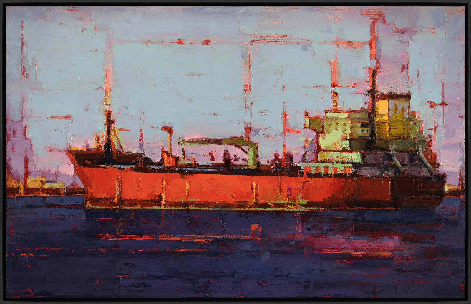 Tilemachos Kyriazatis greek artist painting bright colourful ships in harbors scenery open sea in oil paint on canvas