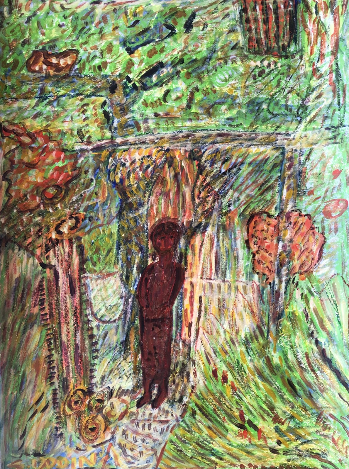 Uddin’s paintings – done in gouache on paper – shimmer with expressive colour. Their characteristic short, dynamic brushstrokes impart a compelling energy to each scene