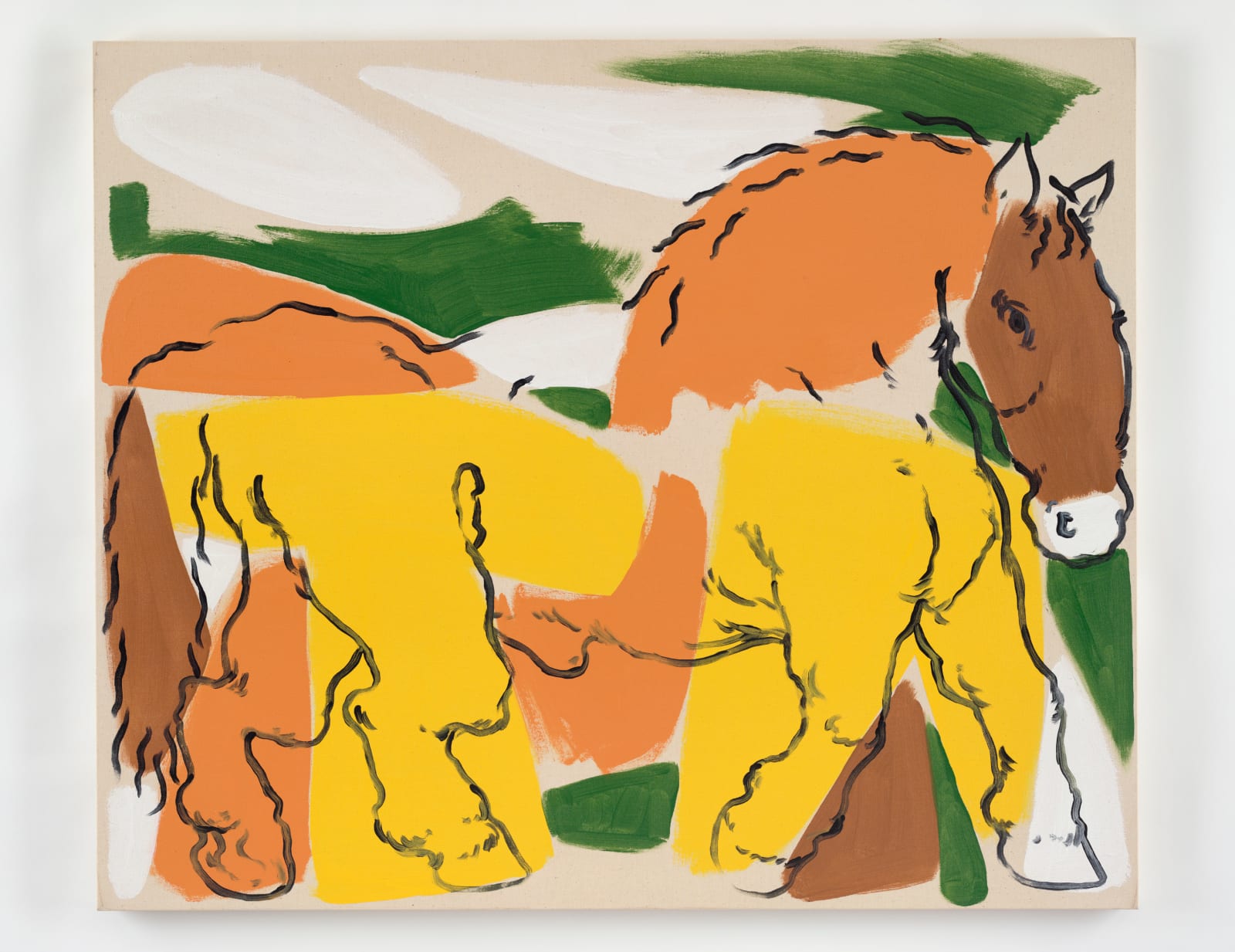 A painting of a multicolored horse trotting by contemporary artist David Surman.