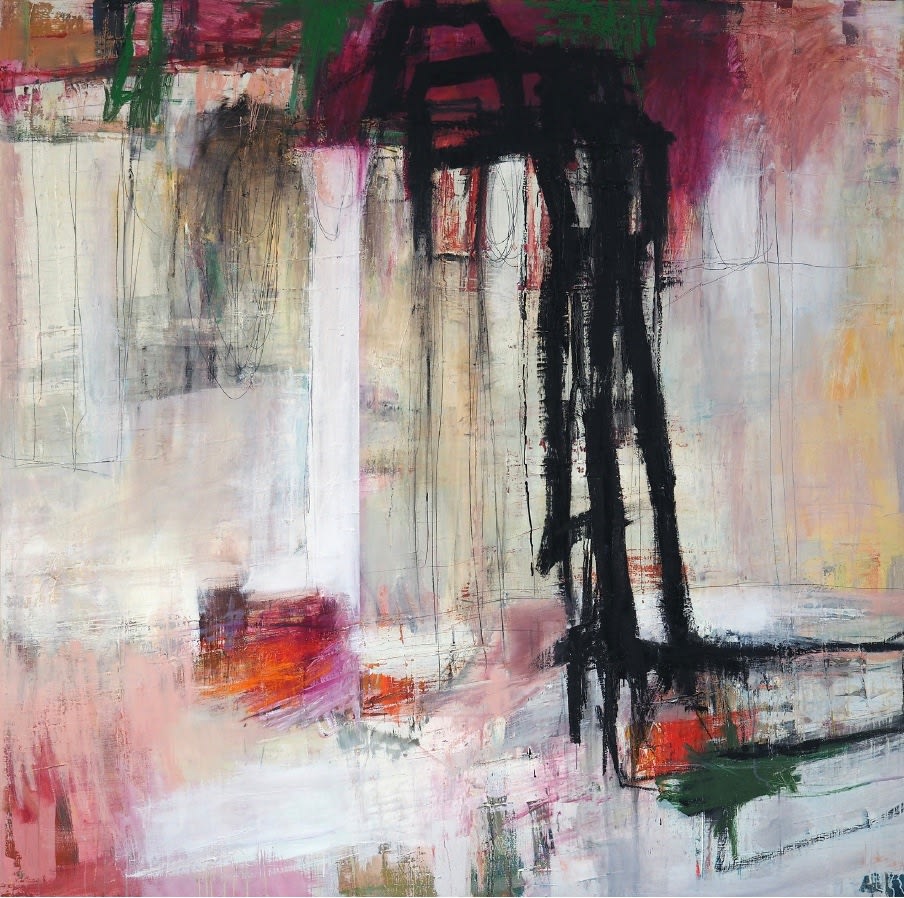 Abstract expressionist painting by Danish artist Morten Lassen, featuring layered colours in black and white, dynamic brushstrokes, and a balance of spontaneity and structure.