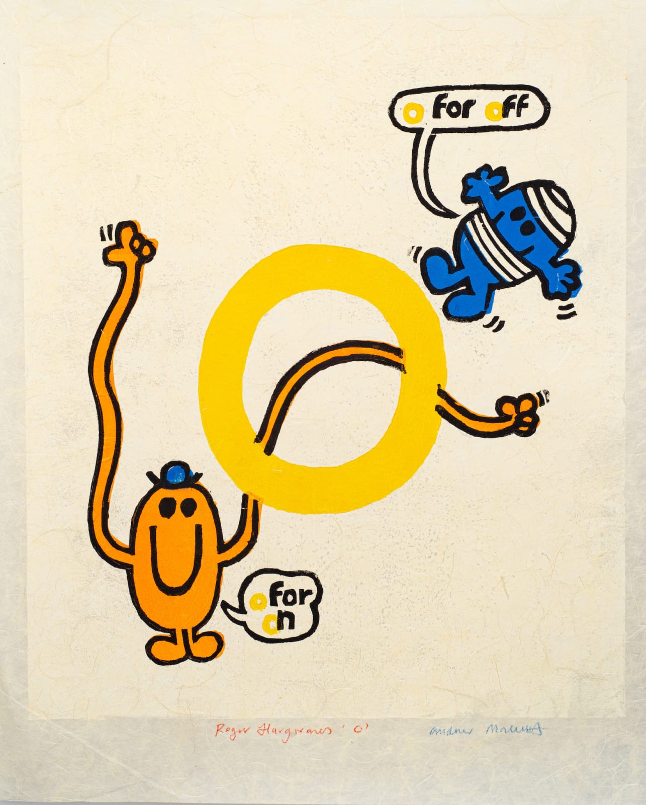 Yellow pop art print of the letter O featuring a Mr. Men cartoon character by British artist Andrew Mockett represented by Rebecca Hossack Art Gallery.