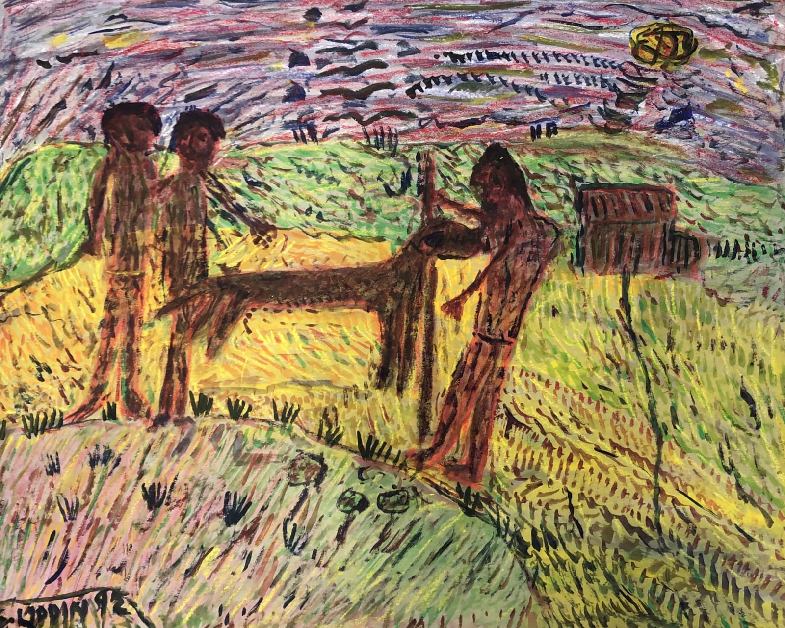 Uddin’s paintings – done in gouache on paper – shimmer with expressive colour. Their characteristic short, dynamic brushstrokes impart a compelling energy to each scene