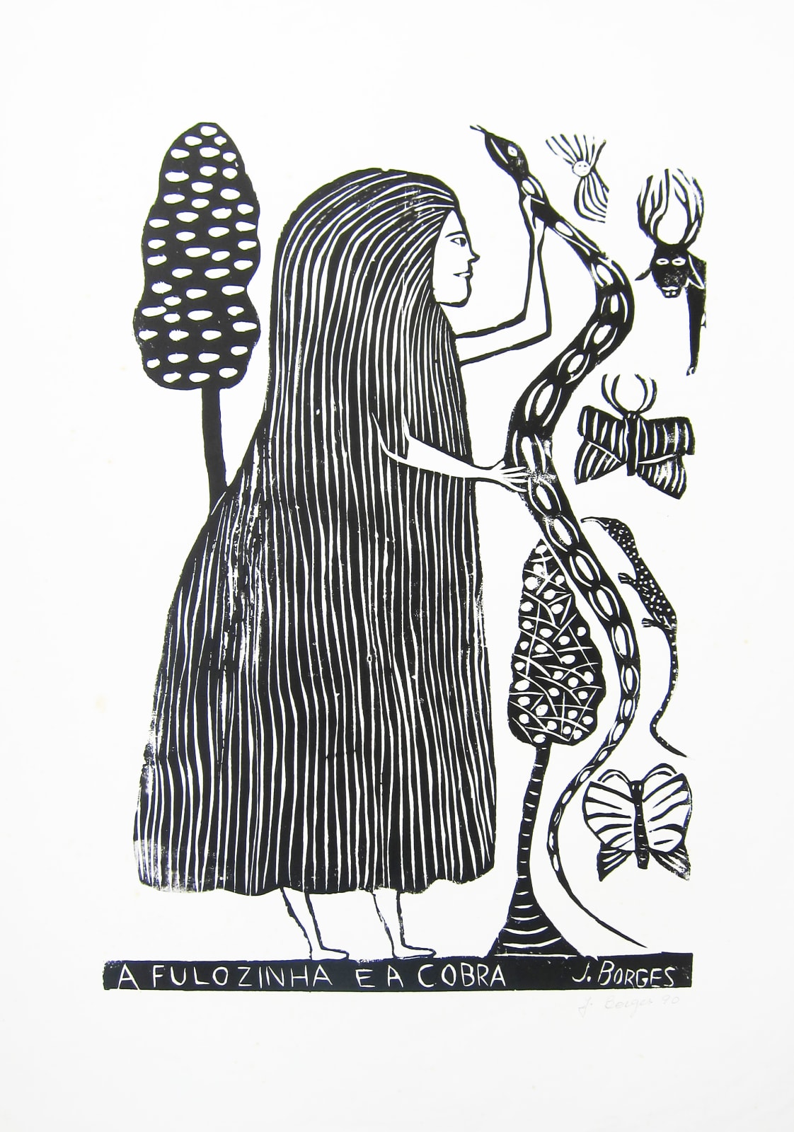 Fulozinha and The Cobra - black and white woodcut on paper by José Borges. Represented by Rebecca Hossack Gallery.