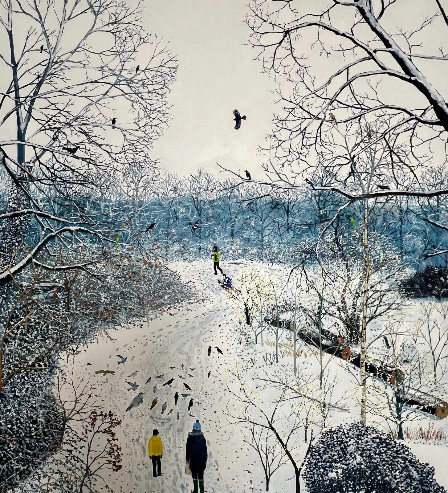Oil on canvas painting of a snowy winter scene in a park with people walking and birds flying by British artist Emma Haworth represented by Rebecca Hossack Art Gallery.
