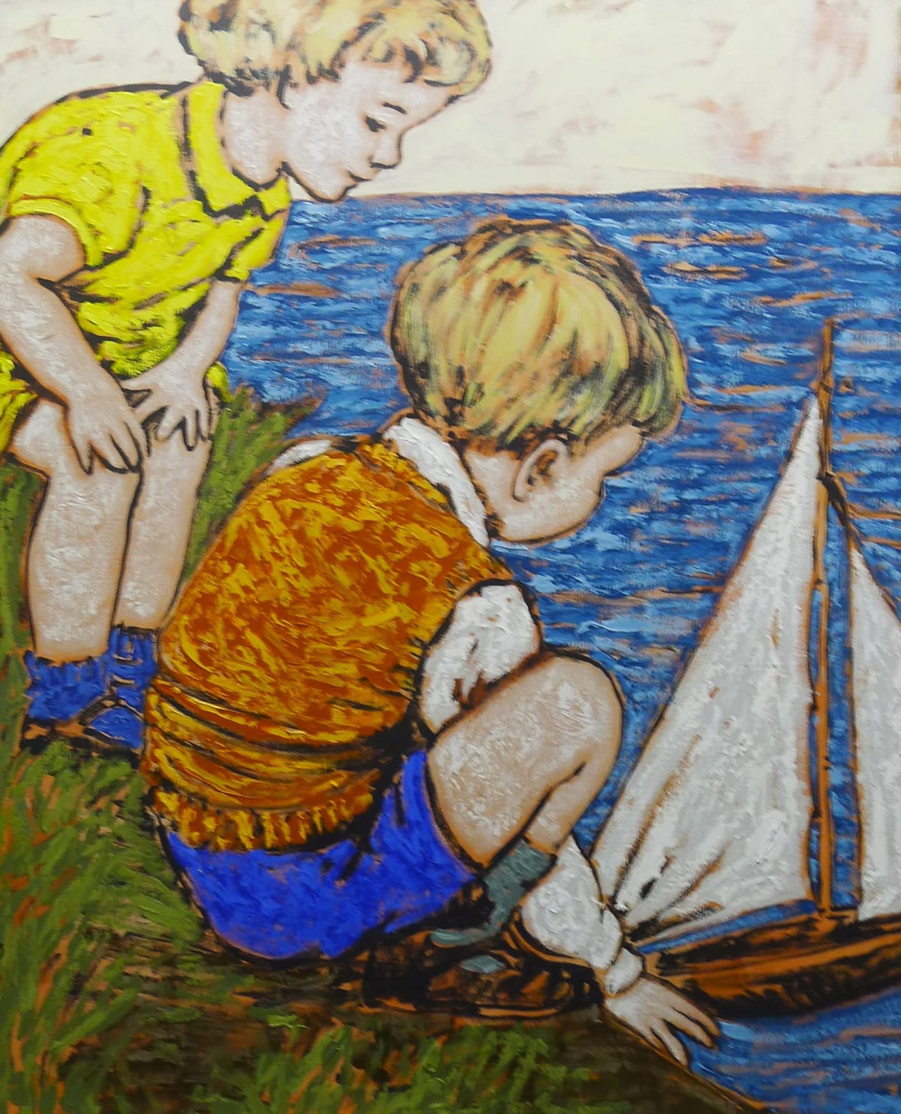 David Bromley, Two children with toy boat at seaside