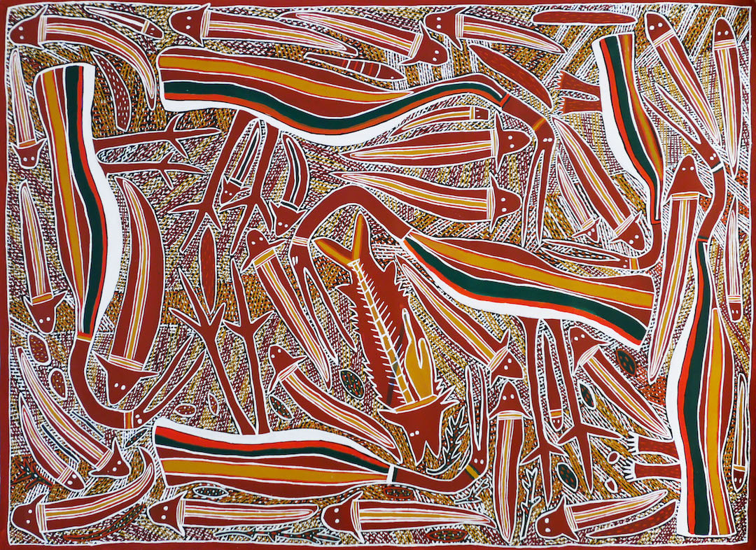 Sambo Barra Barra, synthetic polymer paint on canvas, Ngukurr, Aboriginal artist and artwork.