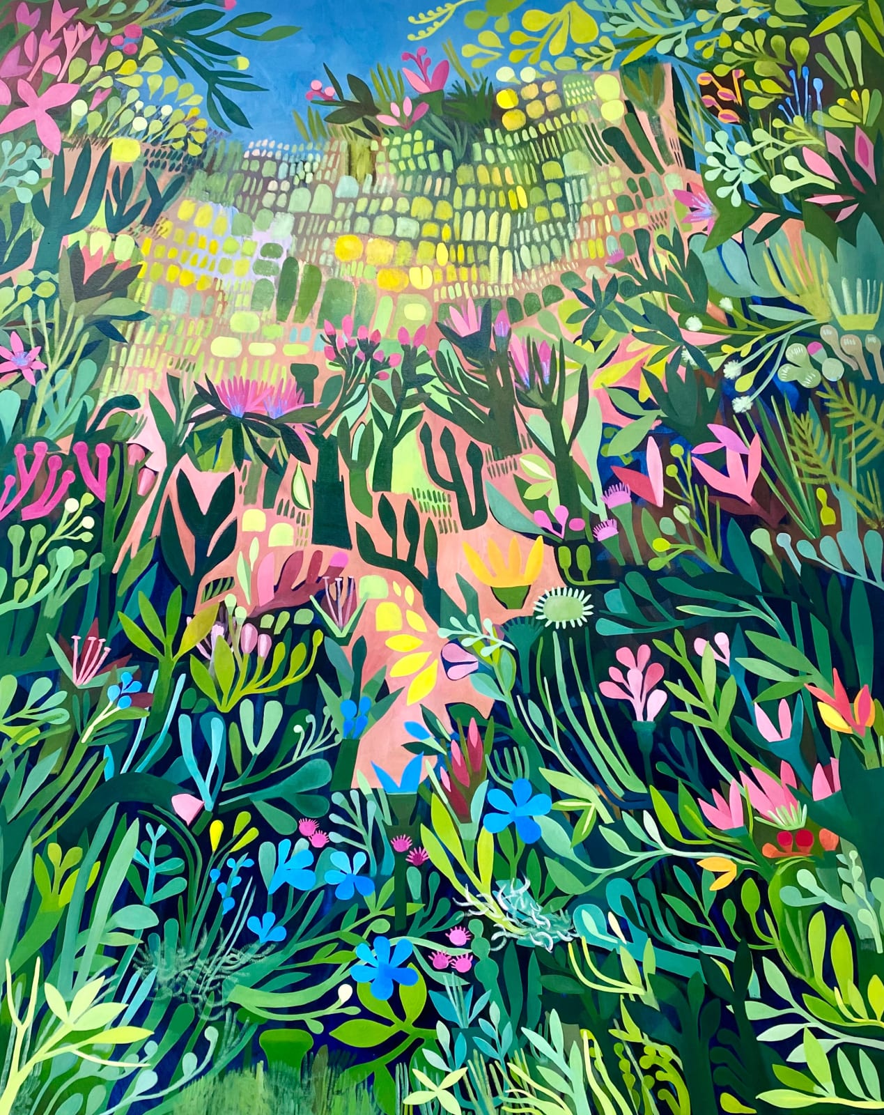 American-born, London-based artist Ashley Amery painting of greenery and flowers oil on linen of Rewilding