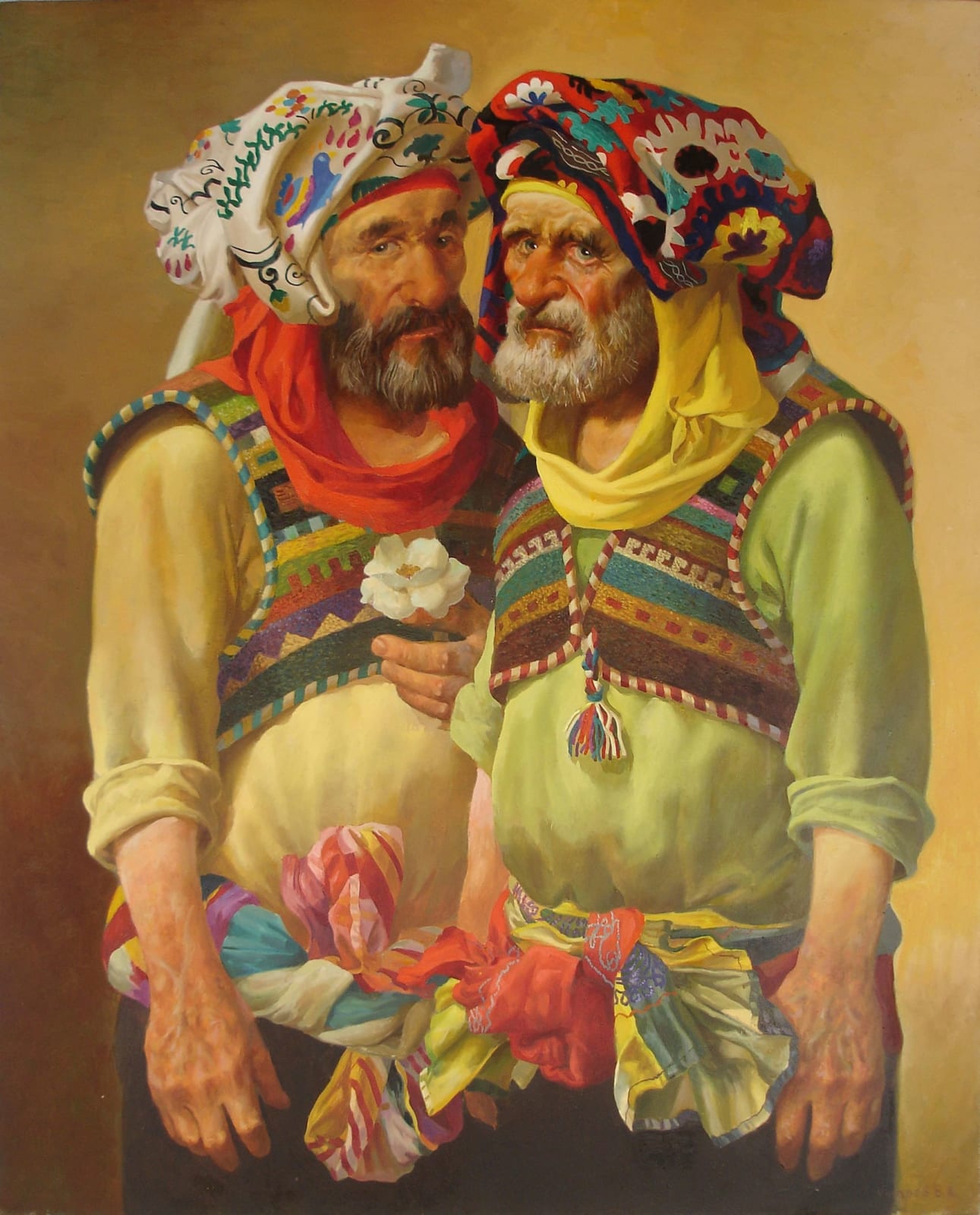 multi-colour oil painting of two men by artist Bakhtiyor Umarov represented by Rebecca Hossack Gallery