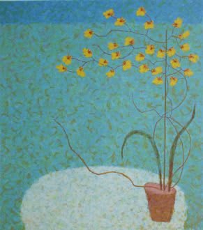 screen print of a potted plant with yellow flowers by Abigail McLellan represented by Rebecca Hossack gallery