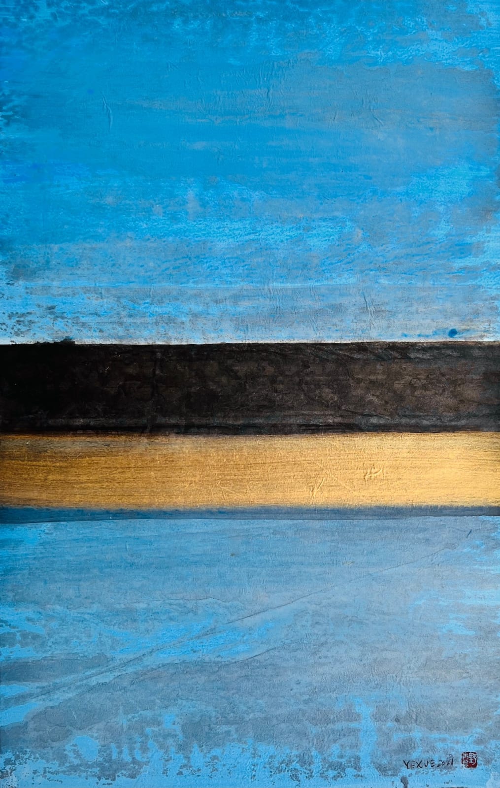 Ye Xue blue ink on paper artwork with gold and black line