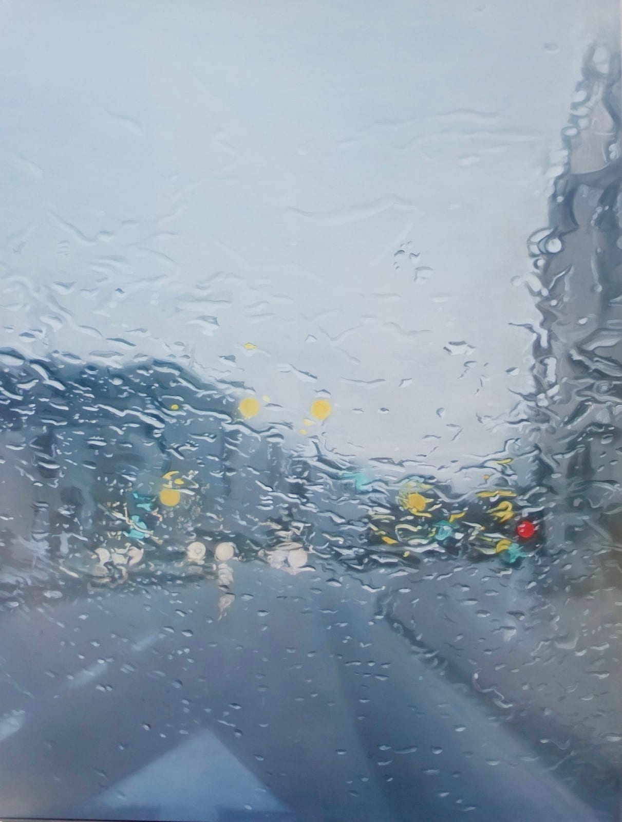 Dutch artist Ester Nienhuis, hyperreal oil painting on linen, nostalgic blue cityscape with yellow lights through rain spotted window
