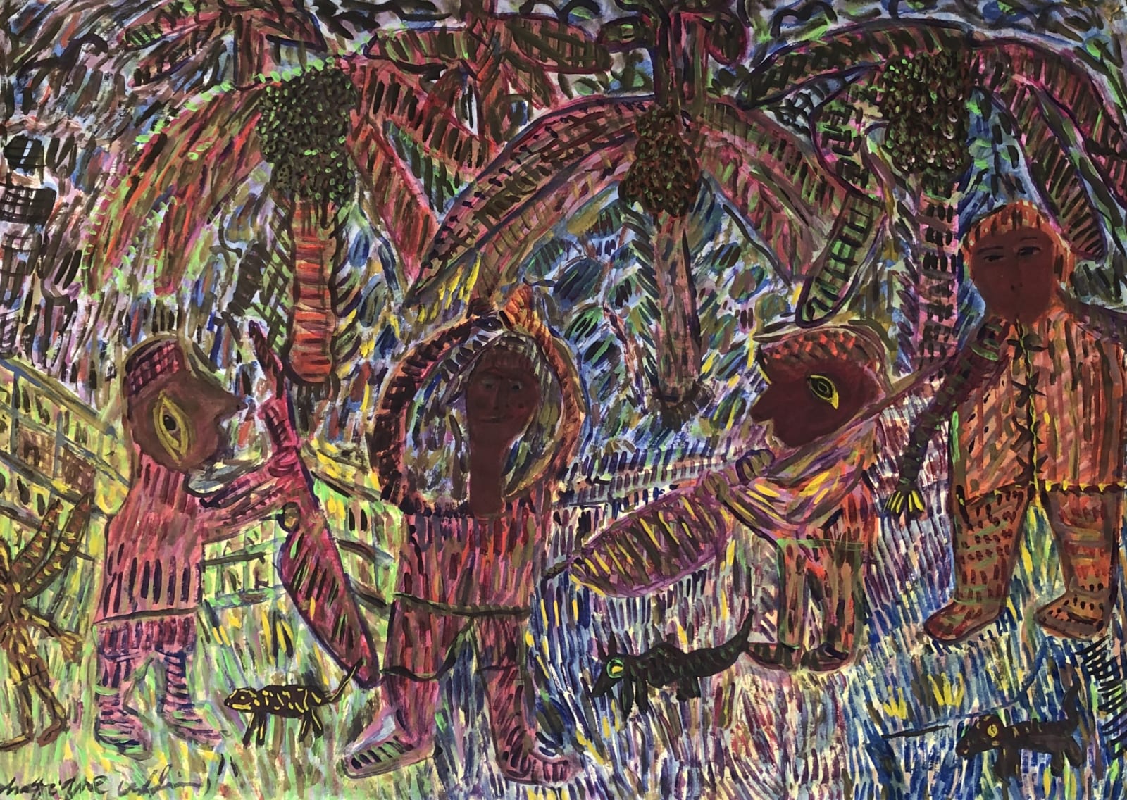 Uddin’s paintings – done in gouache on paper – shimmer with expressive colour. Their characteristic short, dynamic brushstrokes impart a compelling energy to each scene