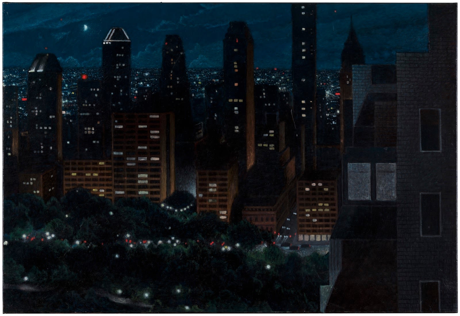 Robert Brownhall oil on canvas, painting of Central Park at night. Realism.