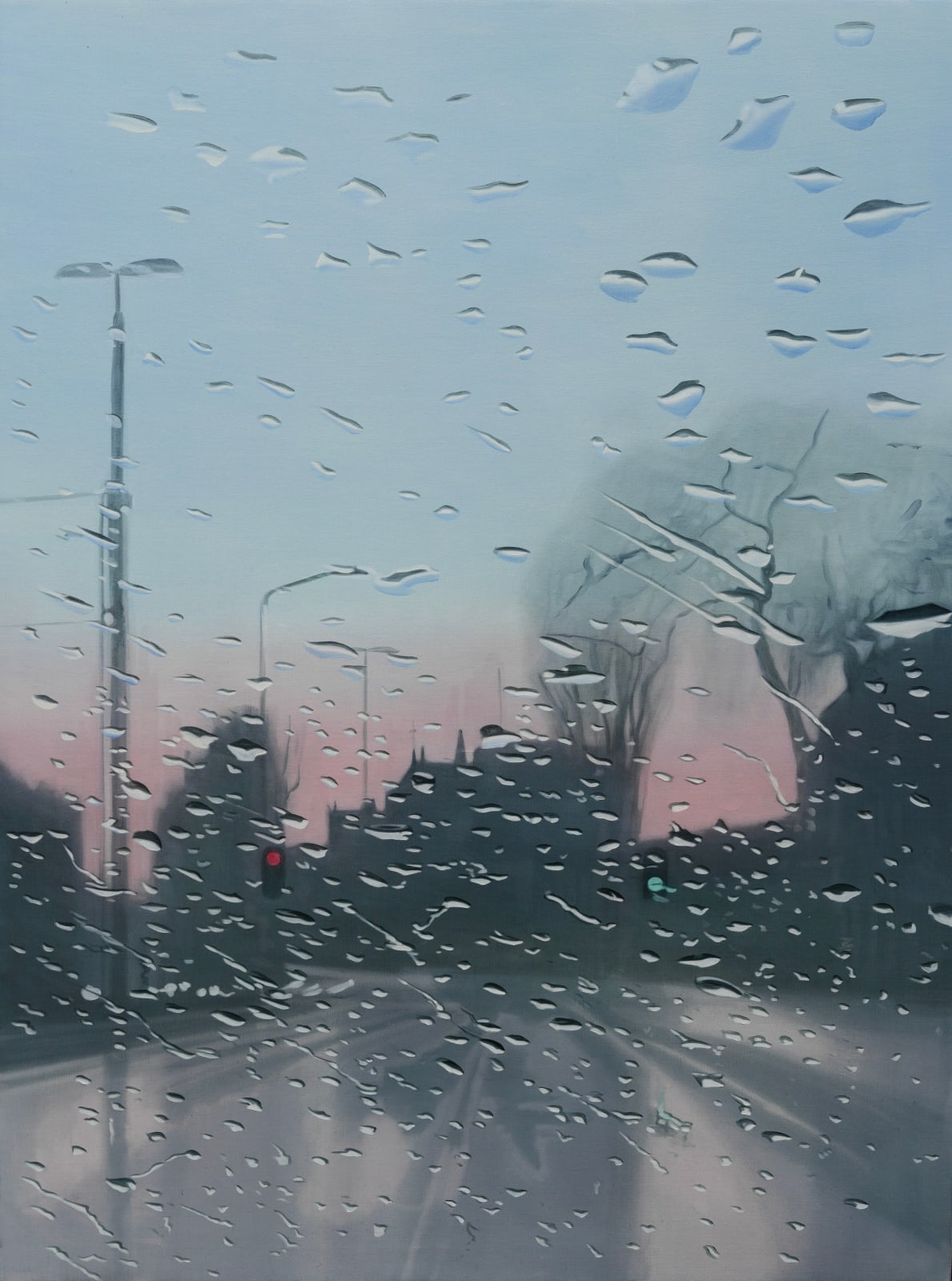 A wet, city road leading to silhouettes of buildings with a pink and light blue sky backdrop, seen through a glass screen with water droplets scattered across it. By artist Esther Nienhuis.