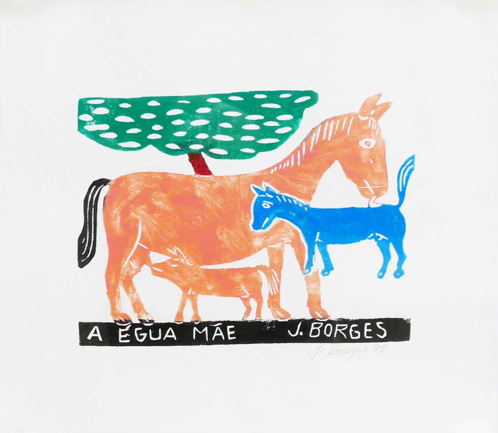 Horses - Colourful woodcut on paper by José Borges. Represented by Rebecca Hossack Gallery.