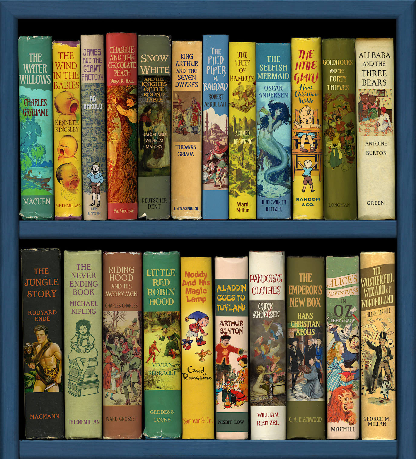 Conceptual bookshelf print containing altered fairytale book titles by acclaimed British artist Phil Shaw represented by Rebecca Hossack Art Gallery.