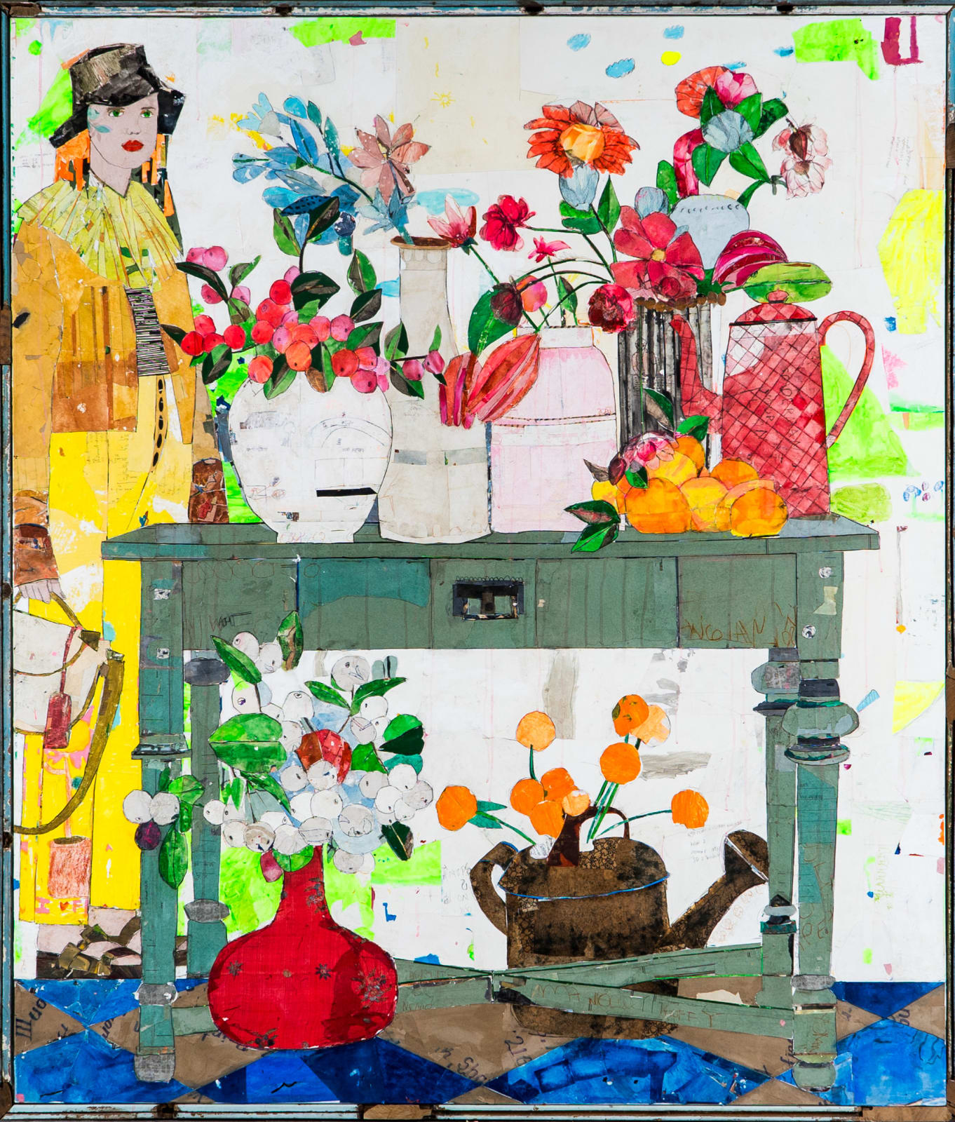 A woman who is about to water some plants plants positioned on and under the table. A figurative fabric collage painting in vibrant colours, by contemporary female artist Mersuka Dopazo.