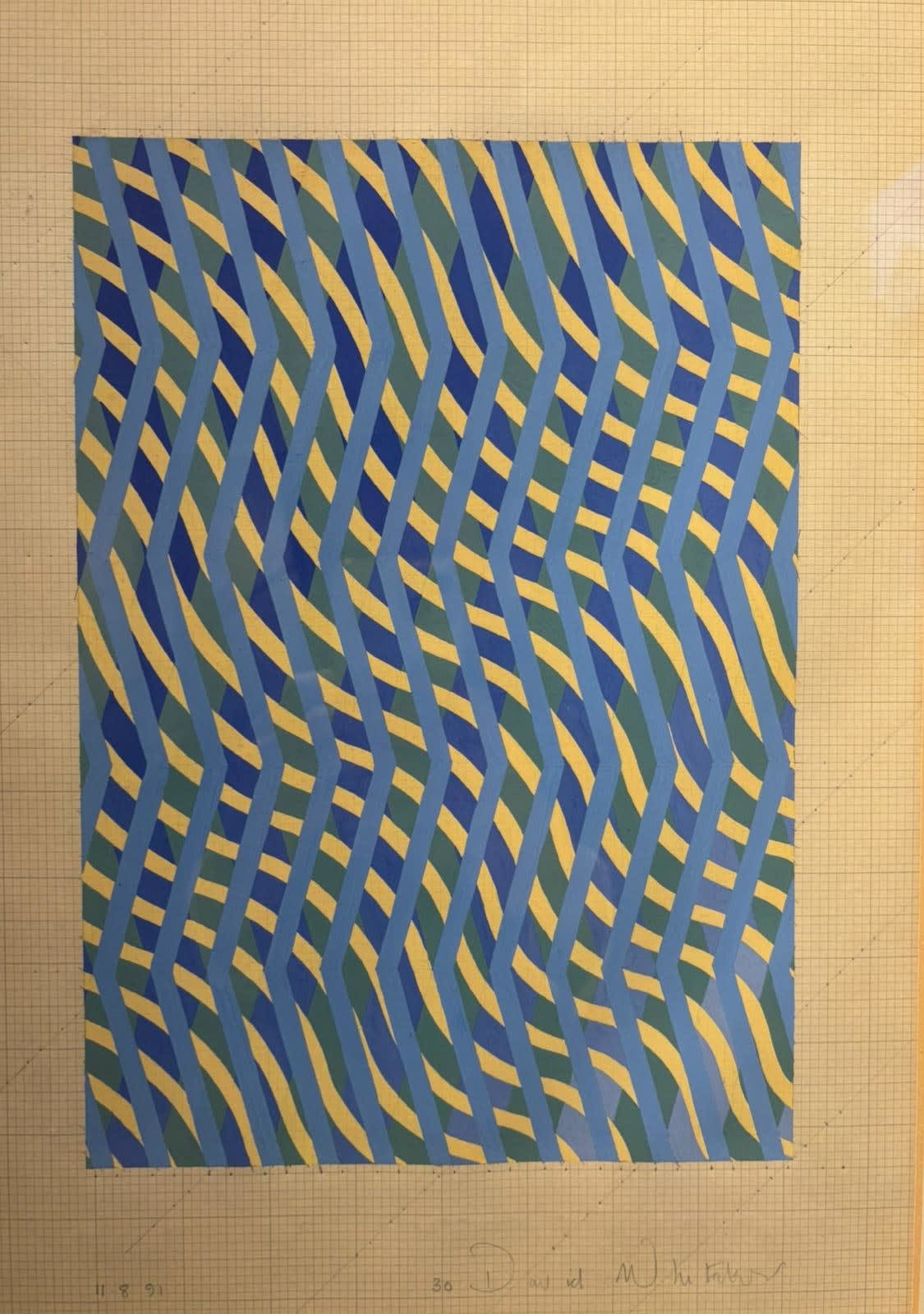 Bright blue circular abstract oil on canvas by British artist David Whitaker, featuring dynamic geometric forms and textured brushwork.