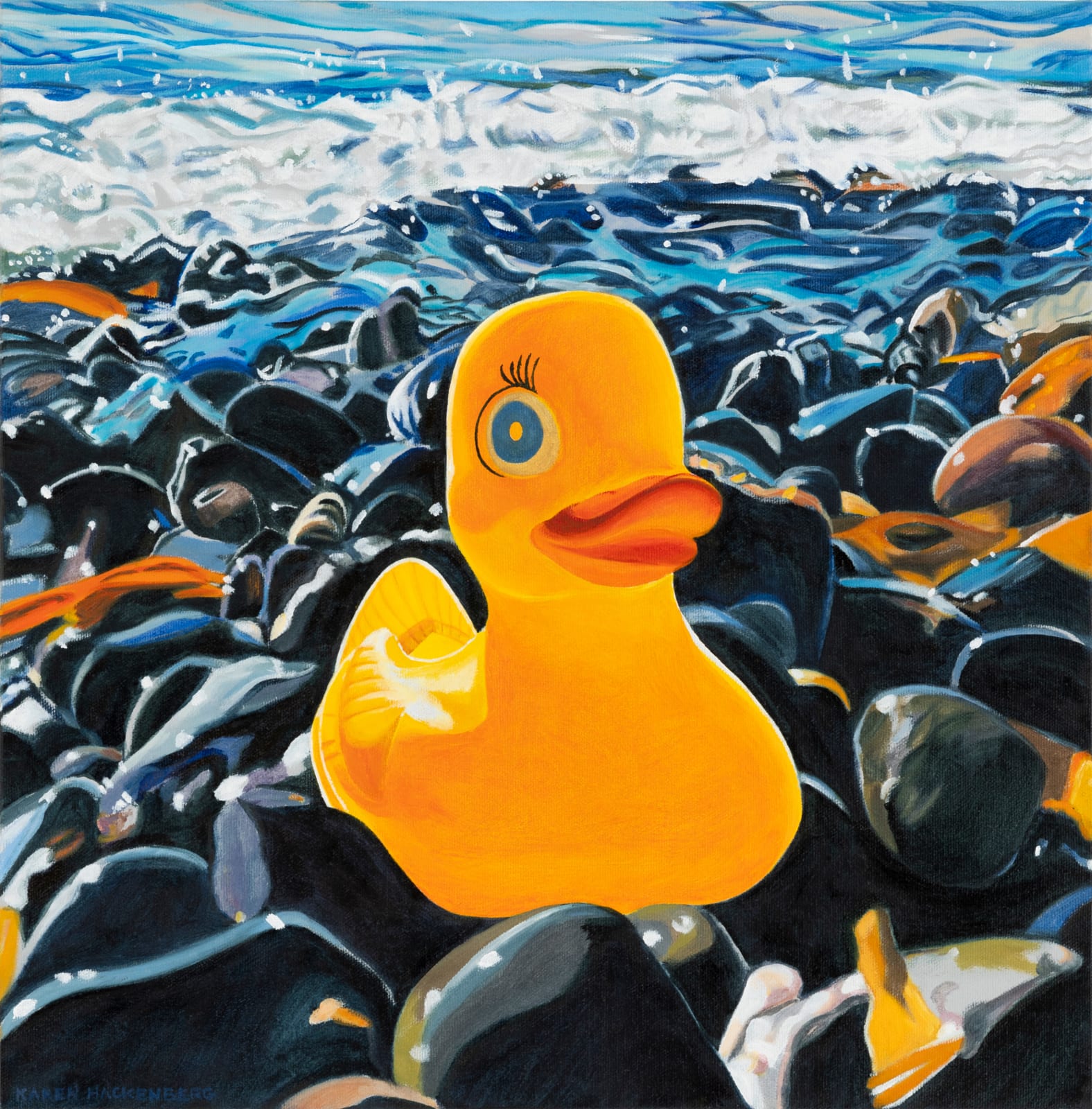 American artist Karen Hackenberg painting of a rubber duck on a pebble beach oil on canvas of Moby Duck