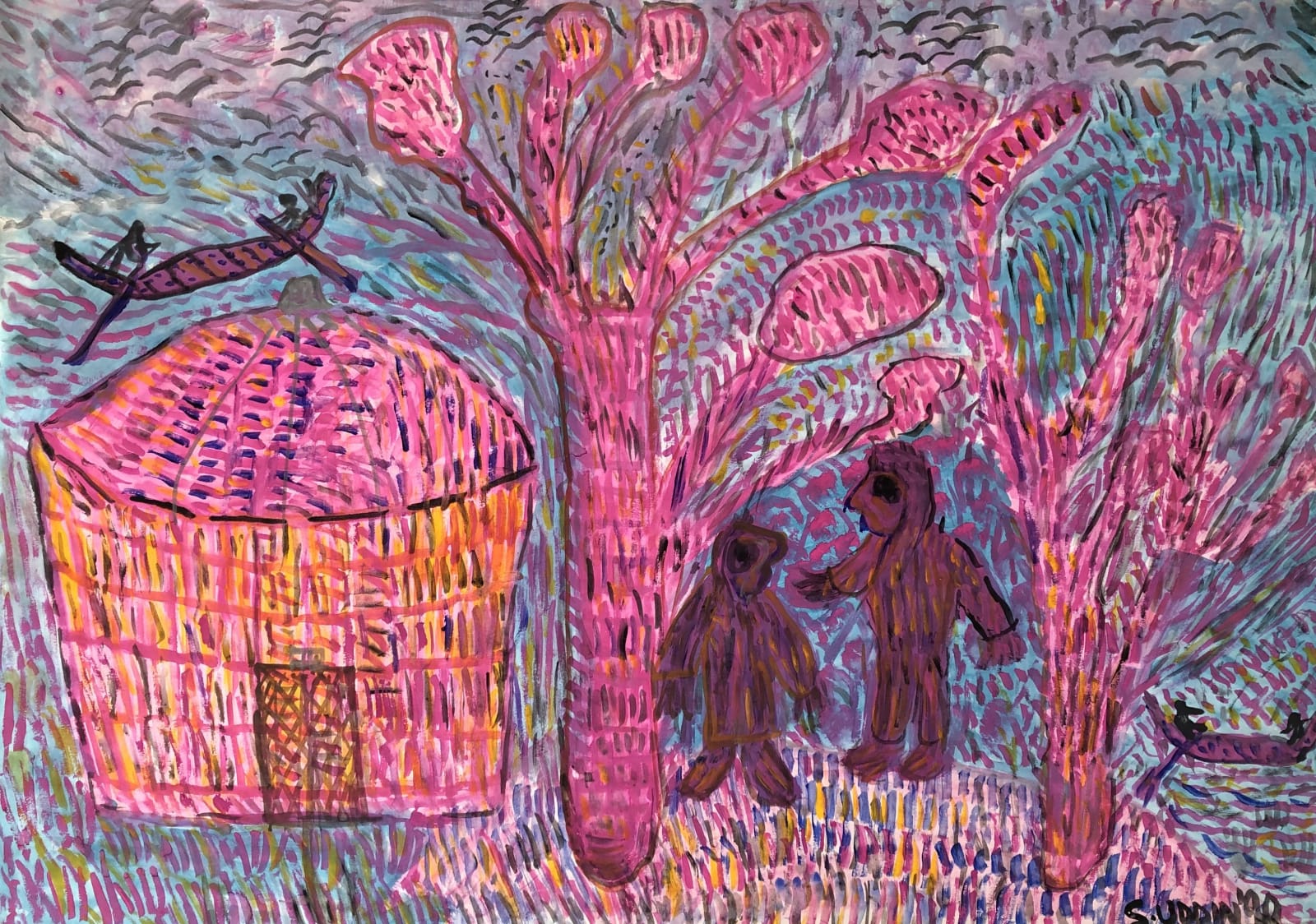 Uddin’s paintings – done in gouache on paper – shimmer with expressive colour. Their characteristic short, dynamic brushstrokes impart a compelling energy to each scene