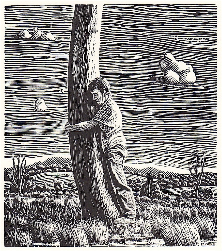 Black and white wood engraving of a man hugging a tree in a field by Australian artist and printmaker David Frazer.