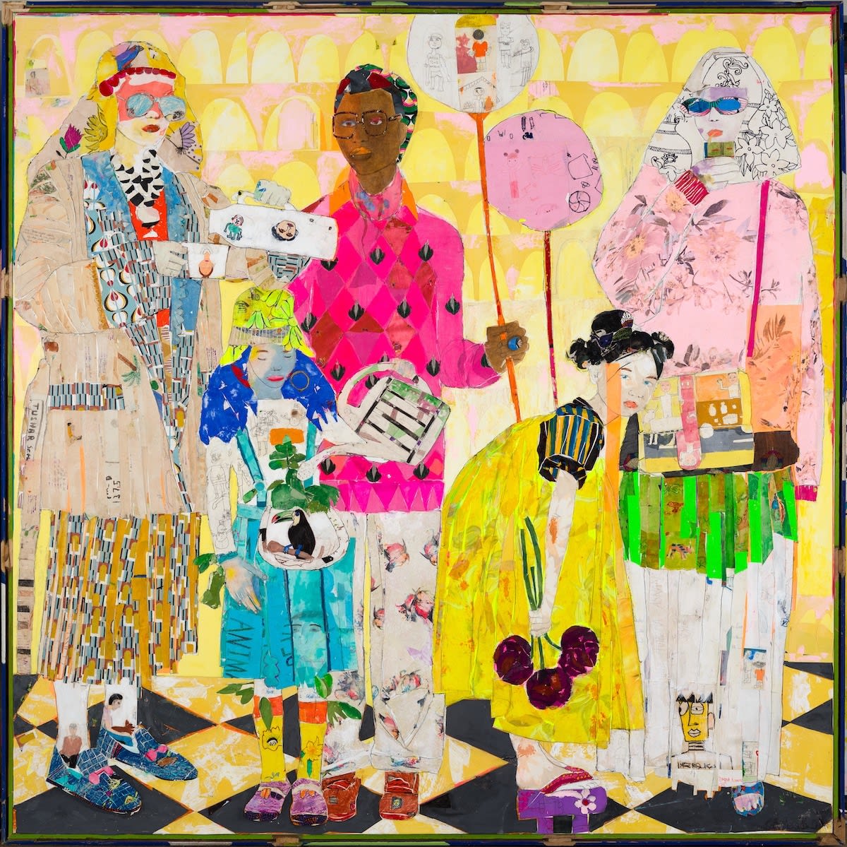 Spanish artist Mersuka Dopazo's collage of diverse female figures in fashion from hand-made natural papers and couture fabric in pink colour