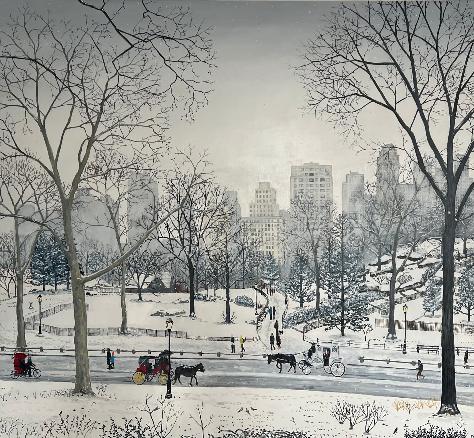 Painting of a snowy metropolitan scene with horses and people walking by Emma Haworth represented by Rebecca Hossack Art Gallery.