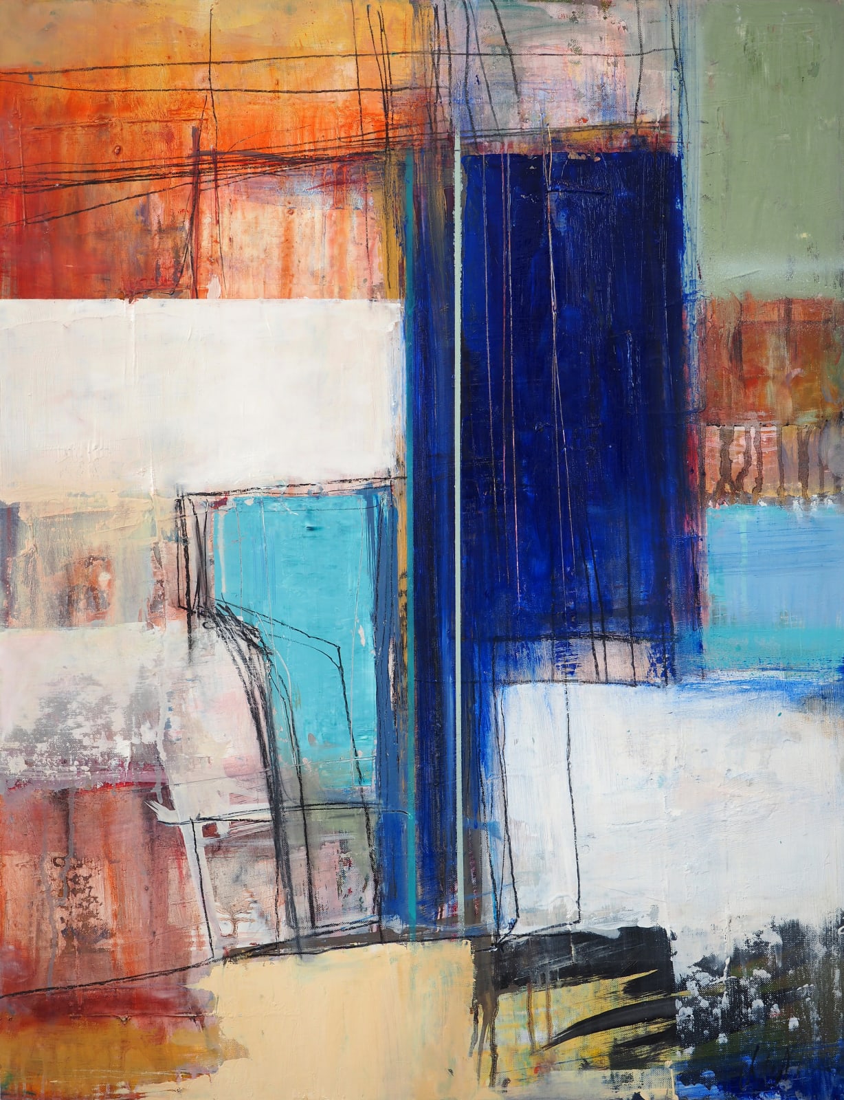 A geometric and abstract oil and charcoal painting with blue and orange colours and complex textures by Danish artist Morten Lassen.