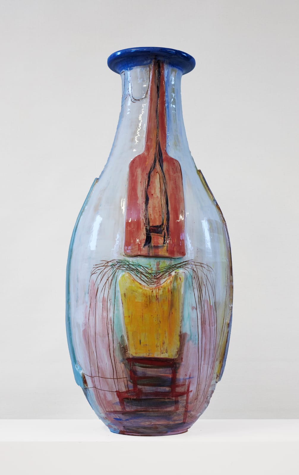 A ceramic vase with organic red and yellow organic shapes by abstract artists Morten Lassen.