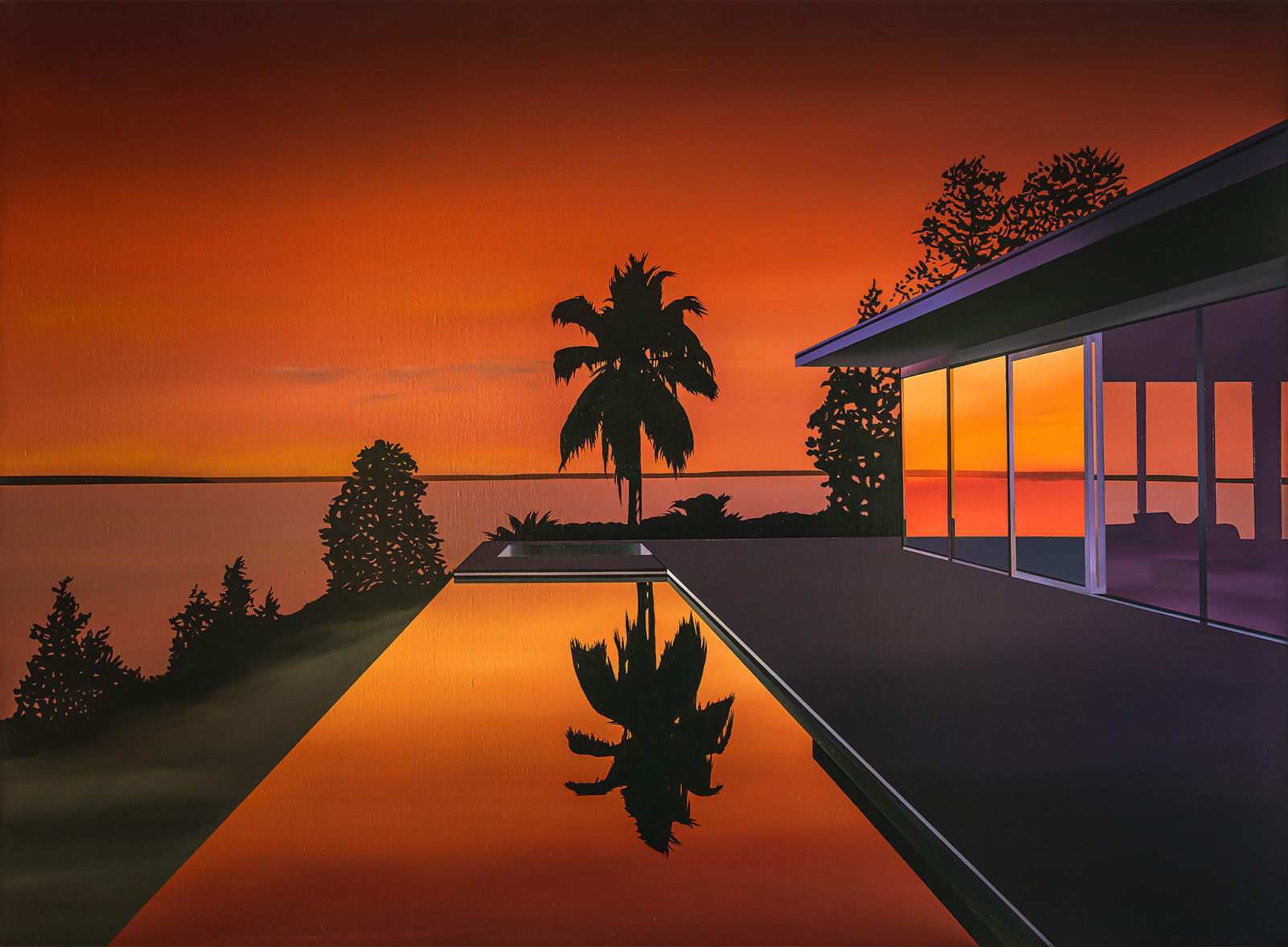 Painting of a modernist house with a pool with a palm tree reflecting in it with a bright orange sunset as the backdrop by British artist Laurence Jones.