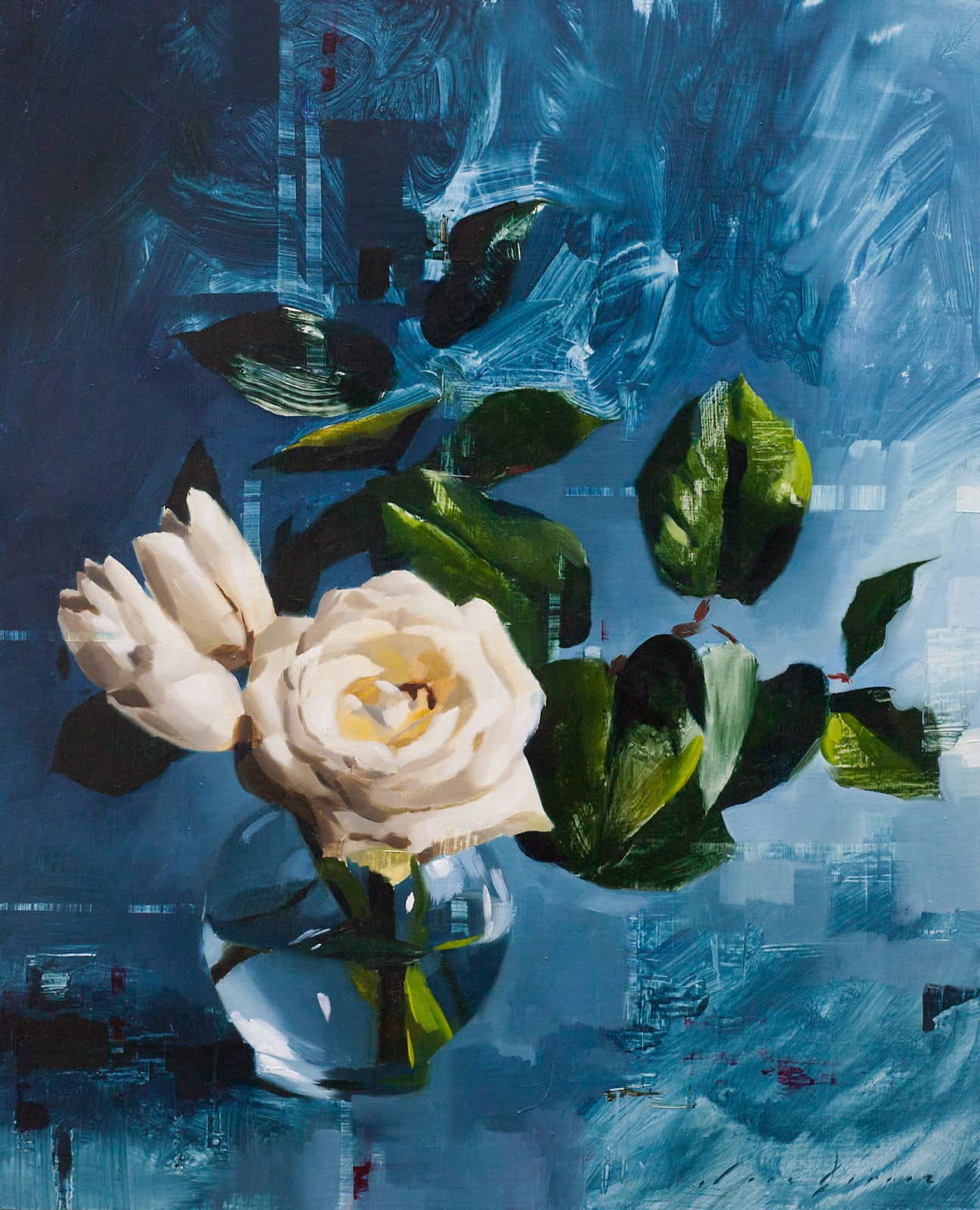 Jon Doran, Tulips and Rose on Blue, 2018