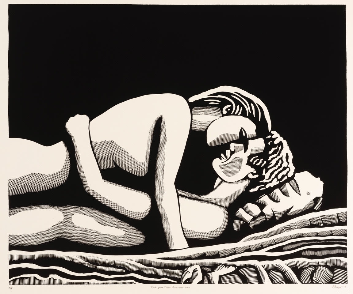 Wooden linocut of a couple kissing an intimate and romantic scene by Australian printmaker and artist David Frazer inspired by the lyrics of 
