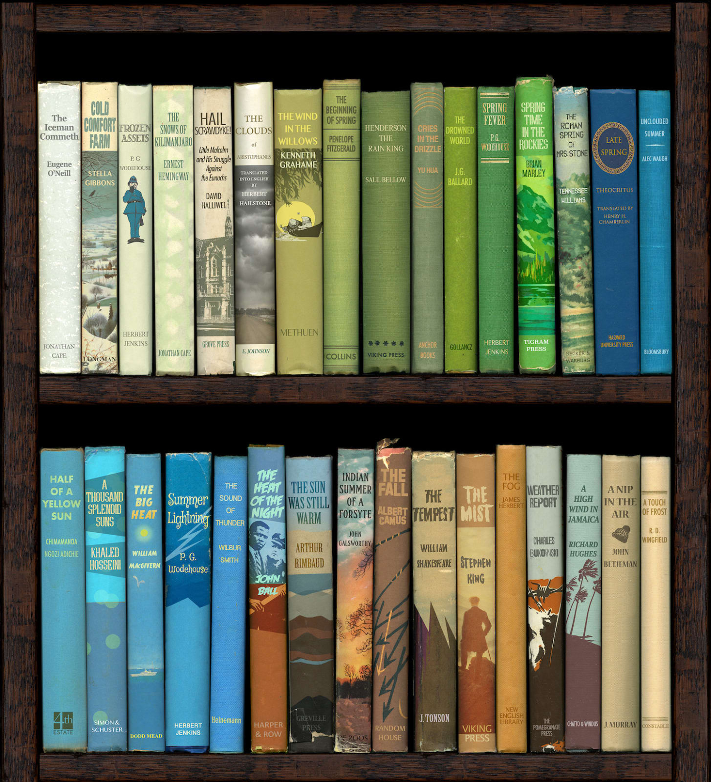 Conceptual green and blue and brown bookshelf print with book titles relating to climate change by acclaimed British artist Phil Shaw.