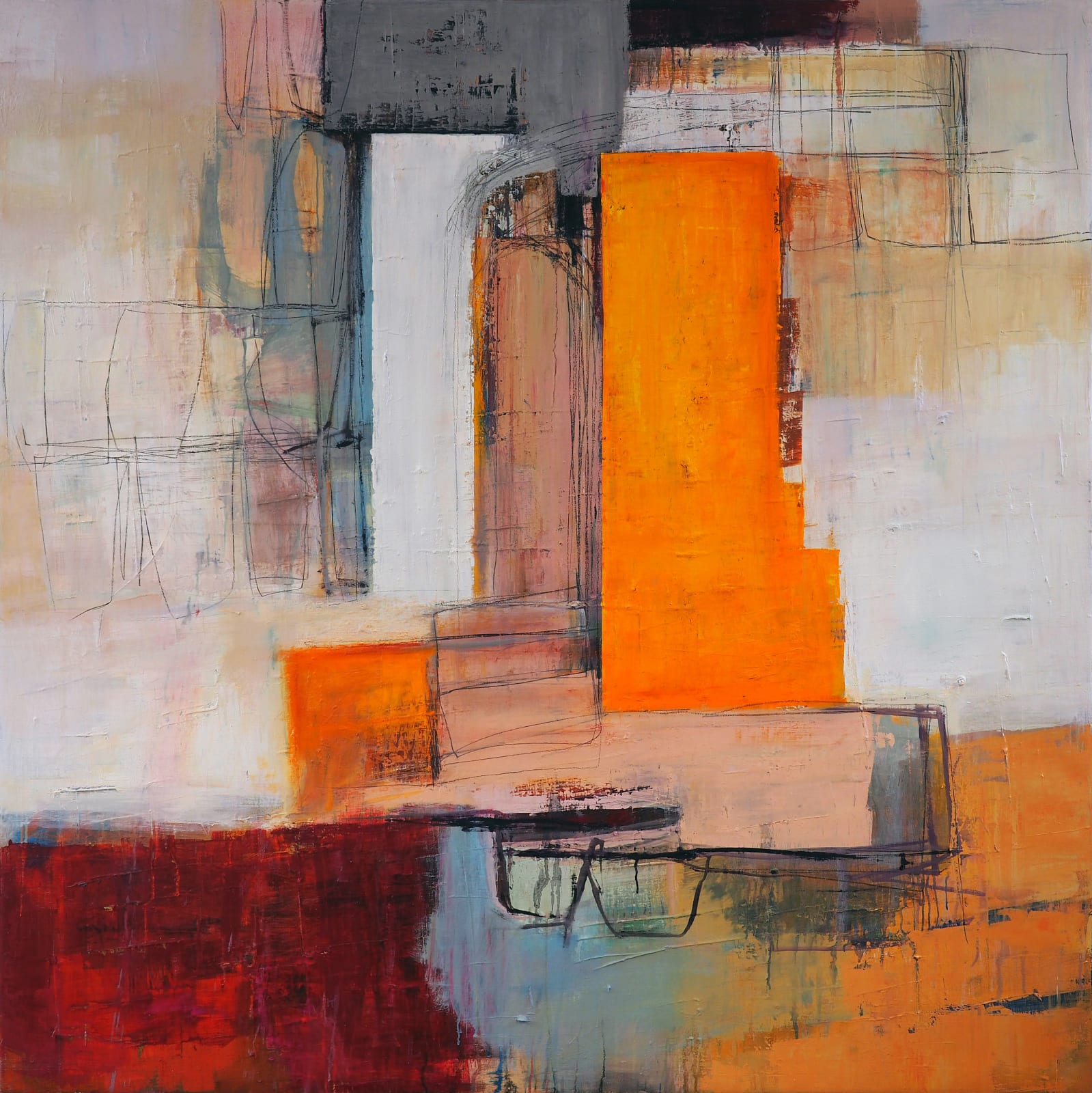 An complex and abstract painting with complex textures and colours by artist Morten Lassen.