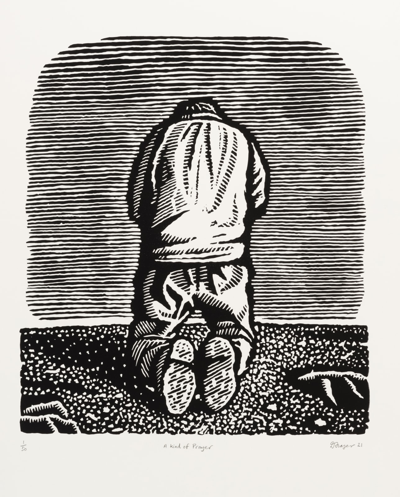 Black and white wooden linocut of a man kneeling down and praying in a field by Australian printmaker David Frazer inspired by the lyrics of 