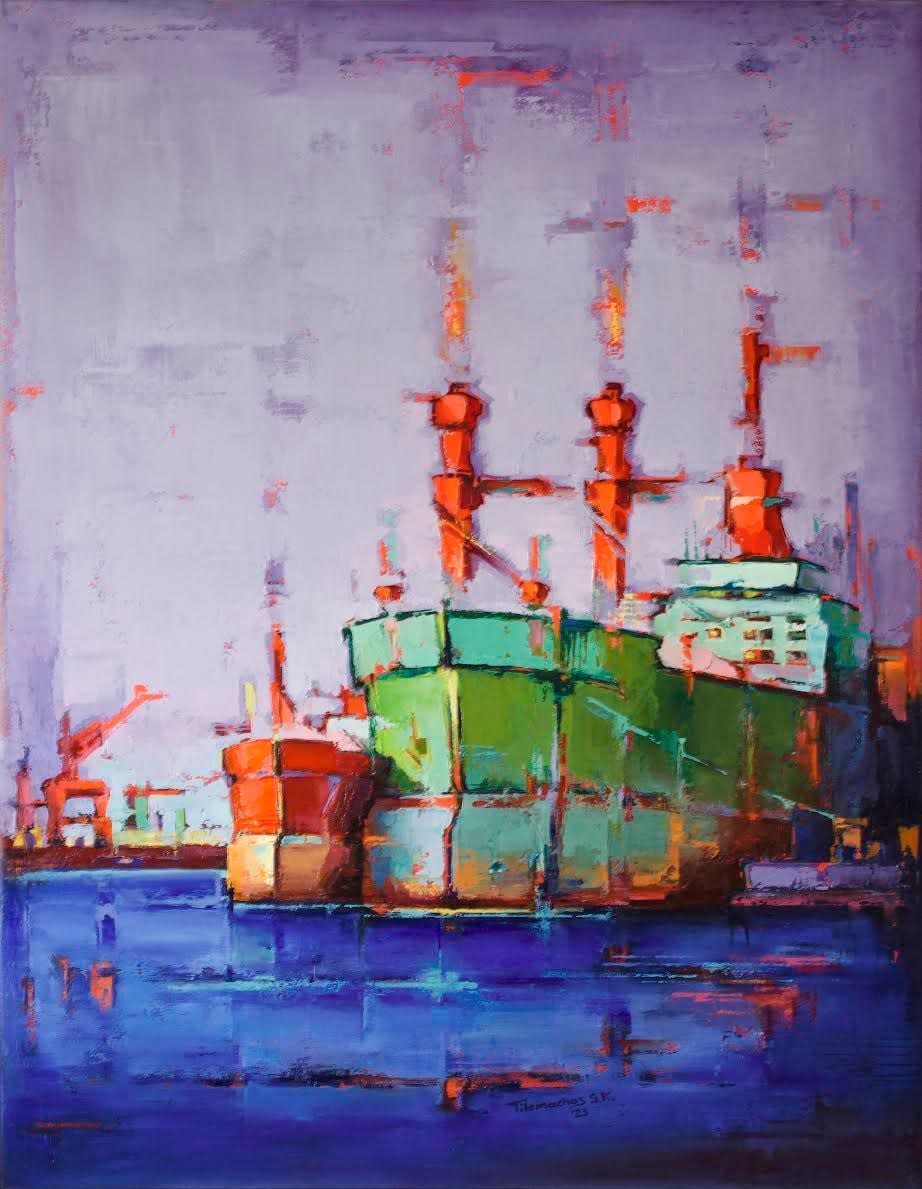 Tilemachos Kyriazatis greek artist painting bright colourful ships in harbors scenery open sea in oil paint on canvas